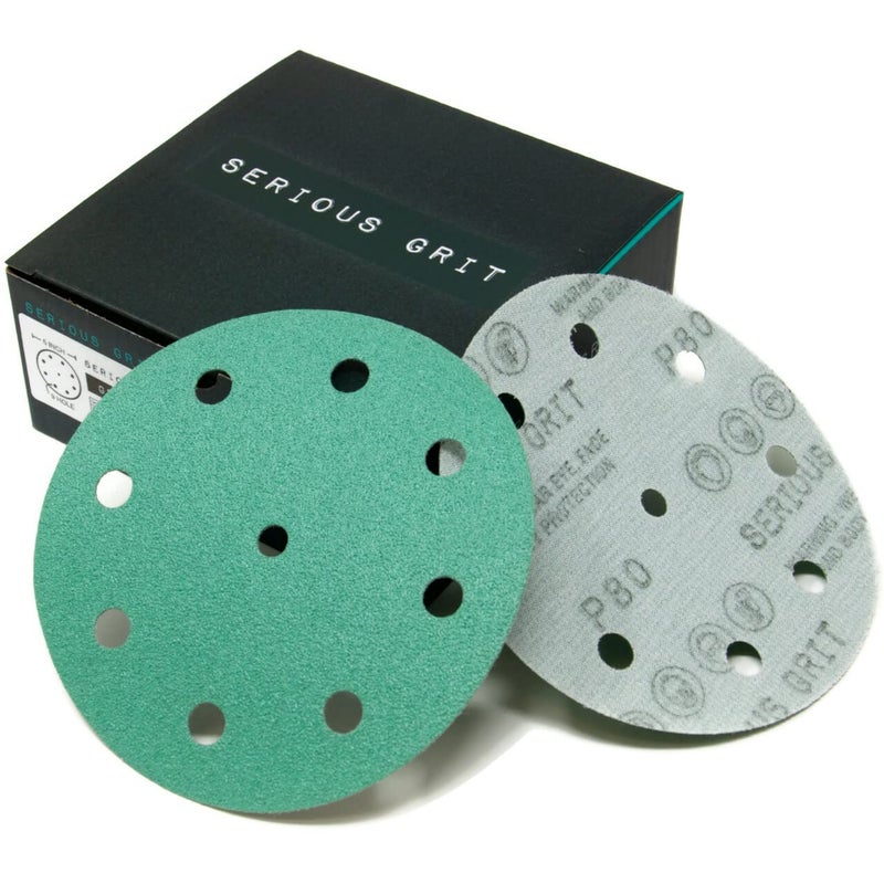 Serious Grit 5-Inch 9-Hole 80 Grit Sanding Discs - Heavy-Duty Hook & Loop Film Discs - Sandpaper for Random Orbital Sanders - 50 Pack Box - Image 1